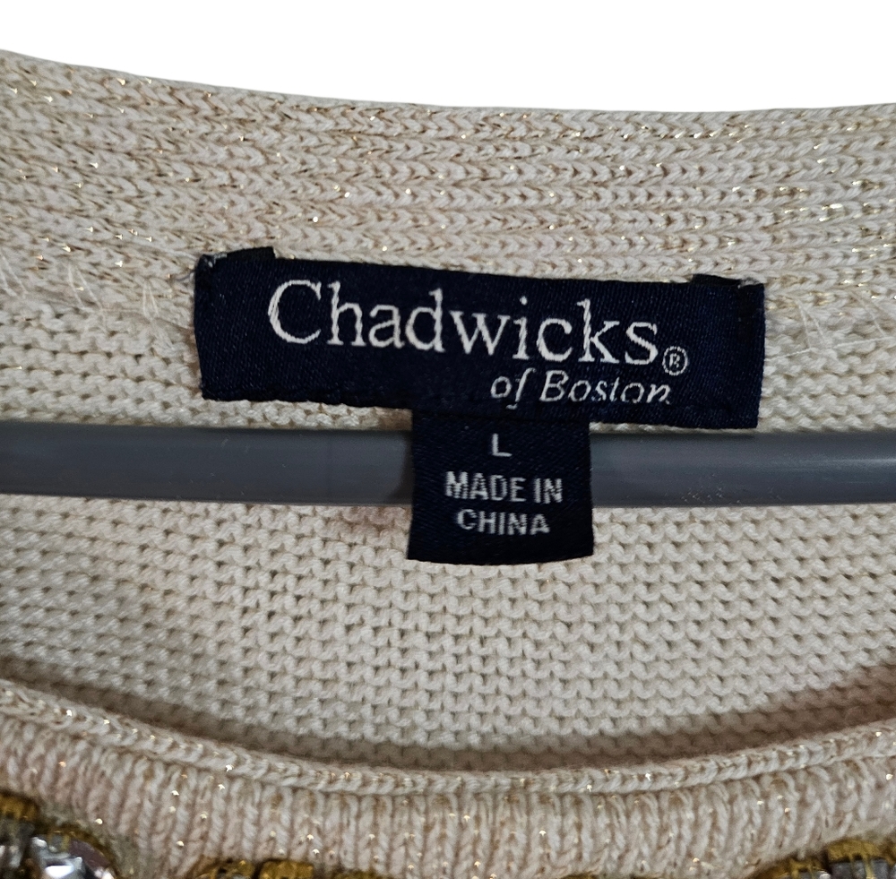 Chadwicks Beaded Neckline Metallic Knit Sweater Gold Shimmer Womens L Luxury 90s - Picture 4 of 7